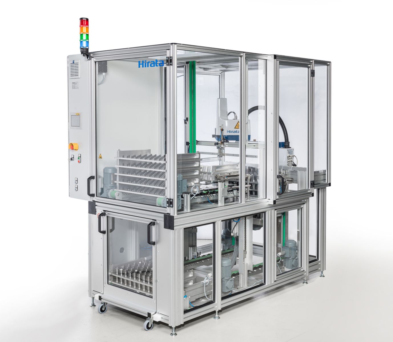 Standard Hirata PLUS tray & tote stackers feed trays & totes that serve the function of buffering, separation and presentation of trays & totes to an automation process. The stackers can easily be combined with robots to transfer and/or assemble parts.