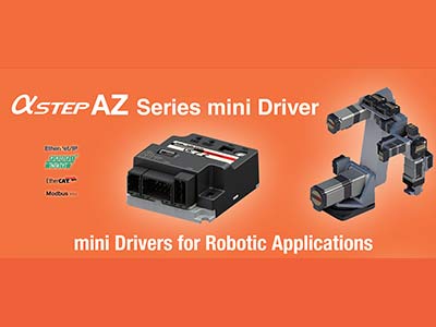 The AZ Series mini Driver works with a variety of AlphaStep AZ Series, DC input products. This driver can be controlled using EtherCAT, PROFINET, EtherNet/IP, RS-485 communication, or Pulse Input Type with RS-485 Communication and daisy chained to maximize design and space and improve installation time. The mini Driver is also designed to be close to the motor, making it ideal for Robotic type applications.