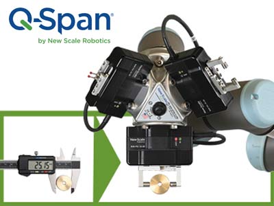 Each Q-Span Gauging System is configured with: • A variety of standard gauges according to your needs  • A collaborative robot from Universal Robots • New Scale’s innovative smart grippers for part handling • Easy-to-use robot control and metrology apps for zero-code programming • Software for automated data collection for SPC or real-time decision making • A flexible workstation table that “rolls right in” to your workflow  • Necessary tooling to get started with your first parts right away