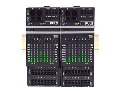 PISA-B 8 Channel, 24V for Load & Power Protection  PISA-B is DIN-Rail mountable, with 8 isolated, individually adjustable channel protection modules with integrated electronic fuses for 24V systems. Current is distributed from a large power source to 8 output channels each of lower current. If an overload or short condition occurs on one or more of the channels, that channel is tripped to protect & maintain the other loads, as well as primary power.