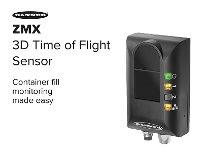 The ZMX Series 3D Time of Flight Sensor can measure and monitor objects within a three-dimensional area. It provides a single-sensor solution for filling applications and can detect both the peak height and average fill level. The ZMX Series features a large 60° × 45° field of view, with a range of 200 to 2,500 mm (7.9 in. to 8.2 ft.). Because the sensor can detect items of any size, shape, or orientation, it is an ideal tool for automated industrial applications in which materials, products, or