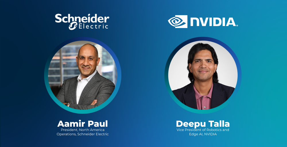 Headshot graphic featuring Aamir Paul from Schneider Electric and Deepu Talla from NVIDIA, showcasing Automate 2025 keynote speakers against a blue gradient background