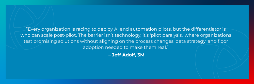 Quote from Jeff Adolf, 3M: Organizations face 'pilot paralysis' when deploying AI. The barrier is aligning on process changes, data strategy, and floor adoption, not technology itself.