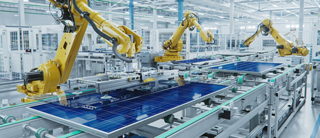 Three yellow industrial robotic arms manufacturing solar panels on an automated production line. The robots are positioned along a conveyor belt with blue solar panels moving through the bright, clean factory setting.